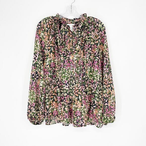 H&M Long Sleeve Floral Split Neck Top Size Small - Picture 1 of 7